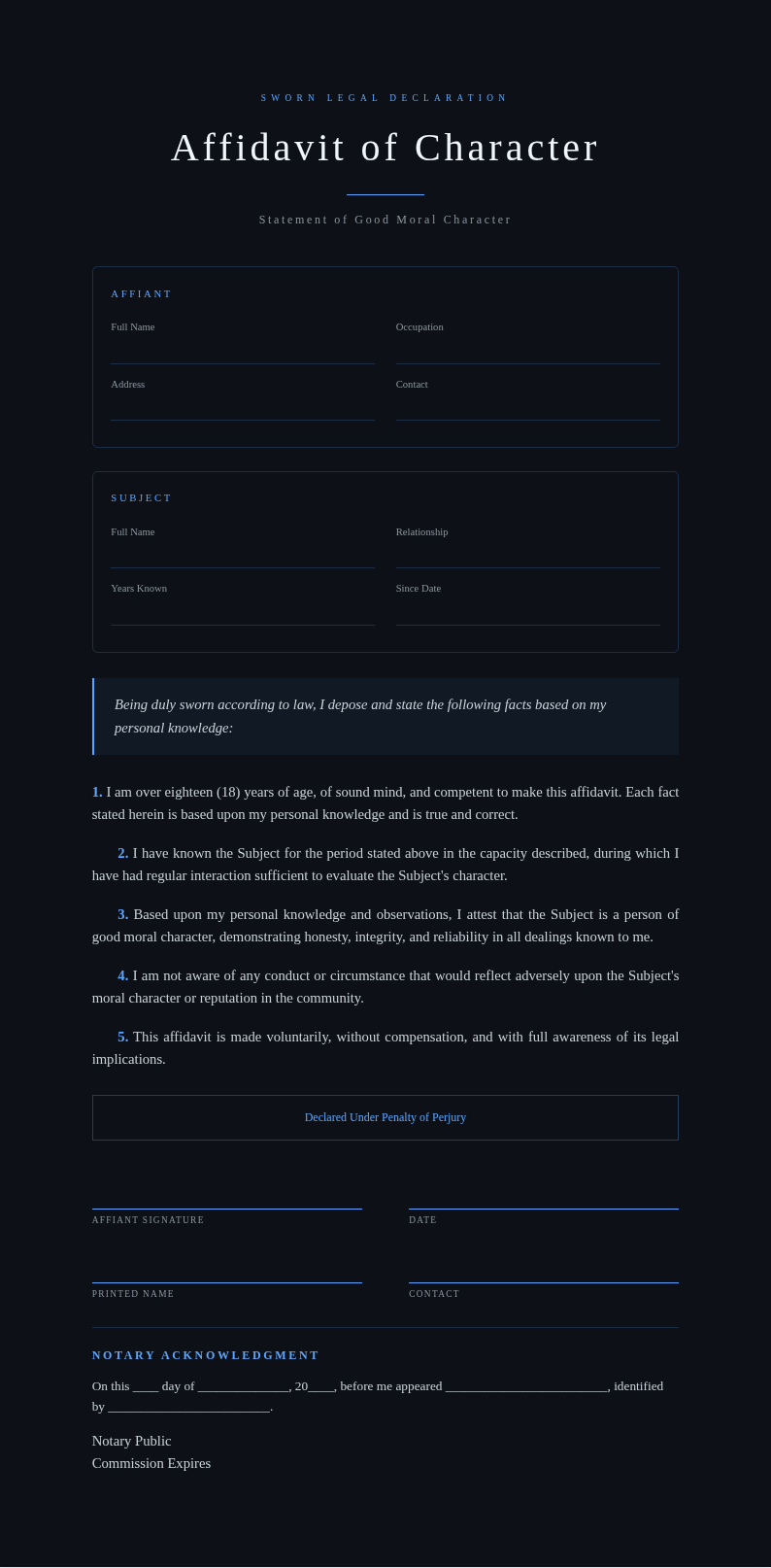 Midnight Luxury Affidavit of Character